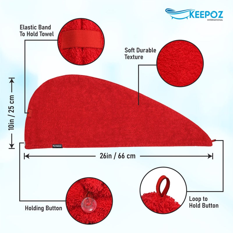 KEEPOZ Hair Towel Wrap Quick Dry 100% Cotton Super Absorbent Turban Head Wrap for Women with Button, Non Microfiber Anti Frizz Hair Products, Hair Cap for Curly, Long & Thick Hair (Red, 1 Pc) - Image 2
